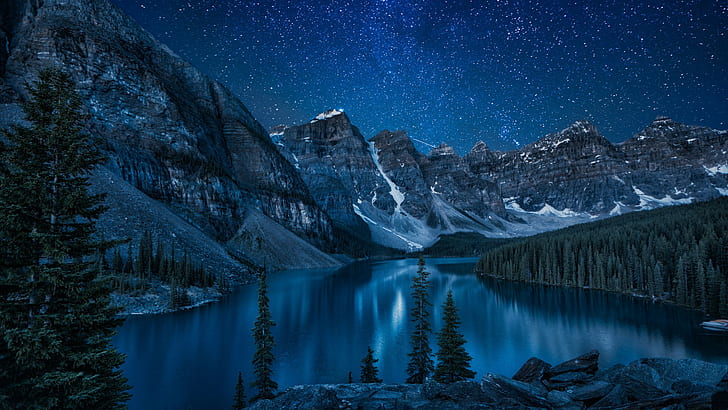 Canada, nature, lake, mountains, trees, forest, stars, landscape, HD wallpaper