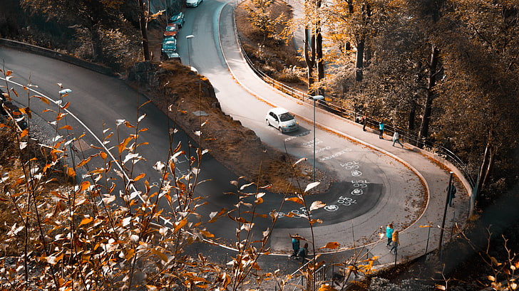 white car, fall, road, Bergen, teal, orange, leaves, transportation, HD wallpaper