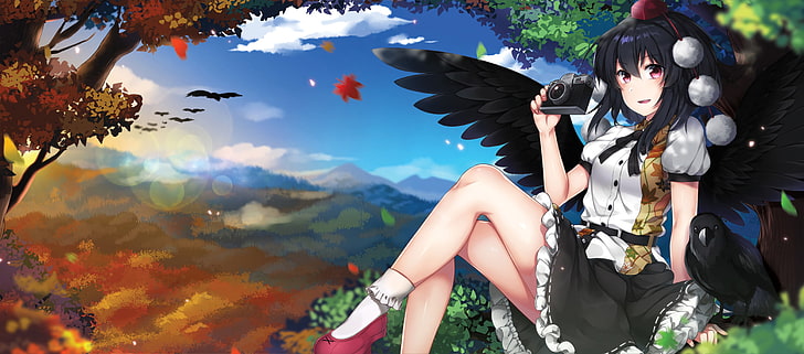 shameimaru aya, touhou, black wings, camera, crow, Anime, HD wallpaper