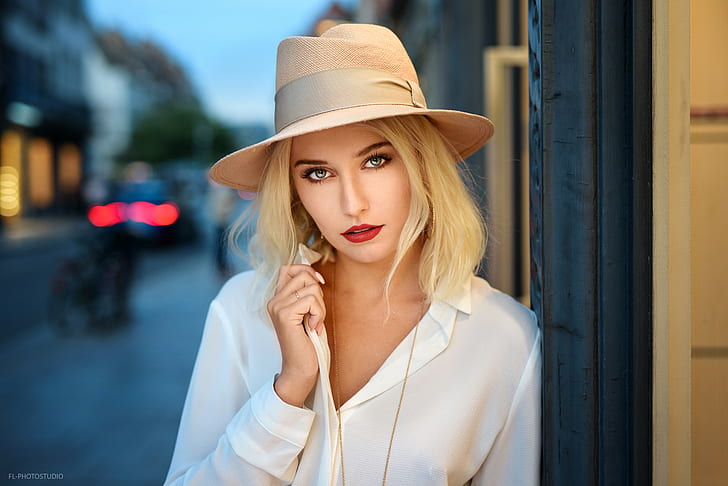 women, hat, Lods Franck, blonde, portrait, red lipstick, HD wallpaper