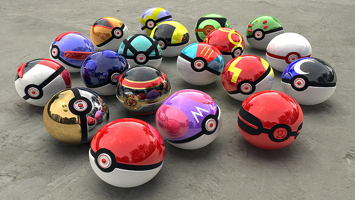 Pokemon ball toy lot, Pokémon, 3D, multi colored, high angle view, HD wallpaper