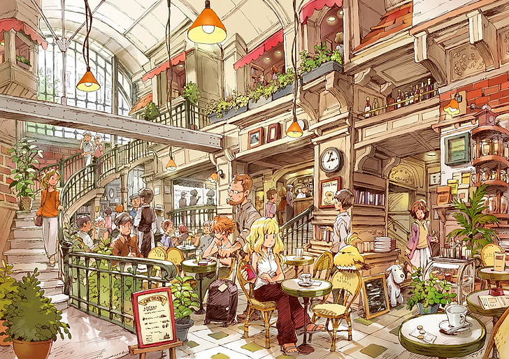 Hd Wallpaper People In Library Cafe Illustration Cafes Group Of