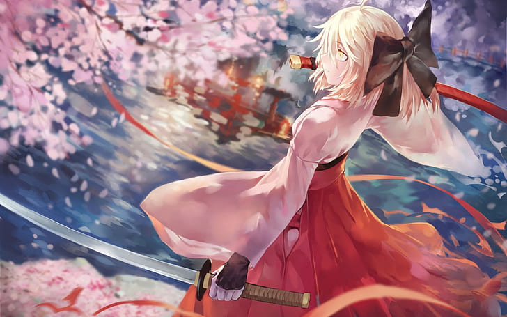 HD wallpaper: sakura saber, katana, cherry blossom, fate grand order ...