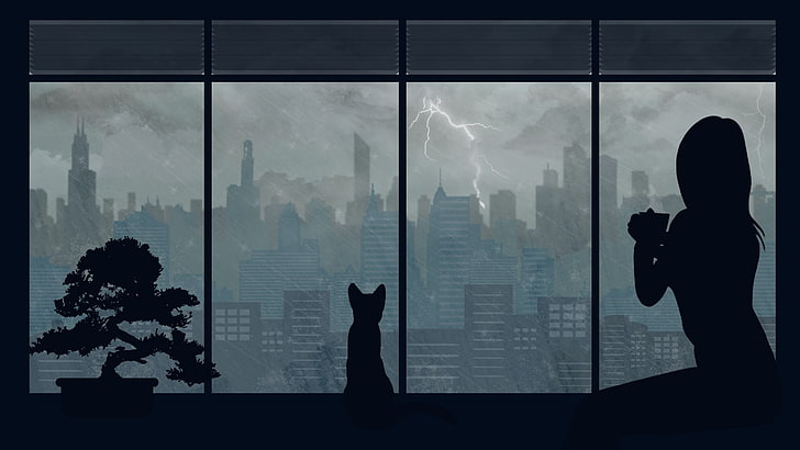 lightning, anime art, darkness, silhouette, anime girl, window, HD wallpaper