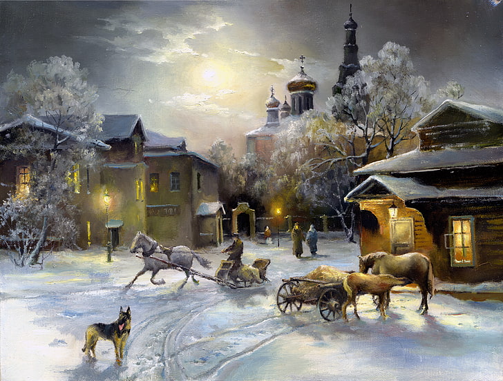 horses with carriage near houses painting, the sky, light, snow