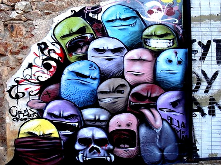 multicolored wall graffitti, graffiti, human representation, art and craft