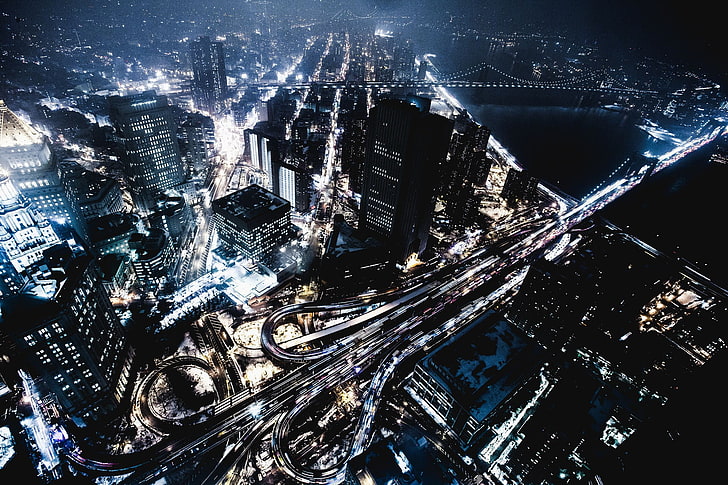cityscape at night, New York City, city lights, highway, skyscraper