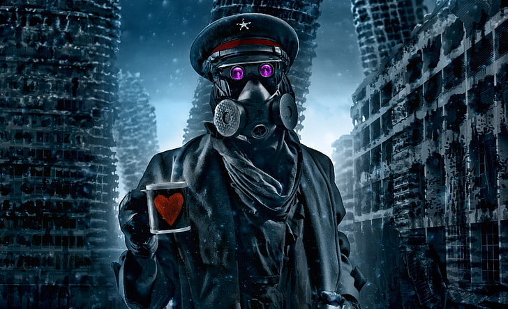 armored man with gas mask illustration, winter, snow, art, mug, HD wallpaper