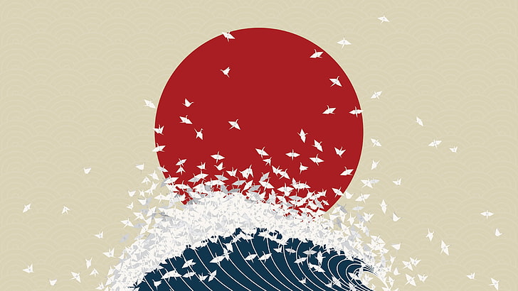 wave painting, minimalism, origami, japan, rising sun, illustration