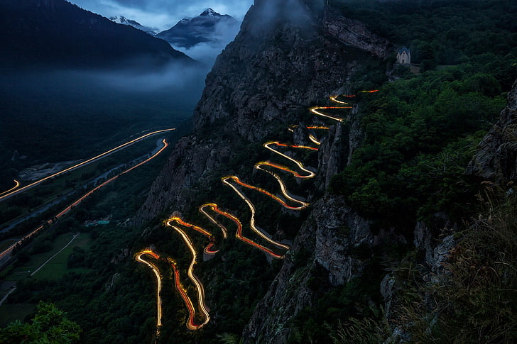 green mountain, landscape, lights, car, long exposure, mountains, HD wallpaper