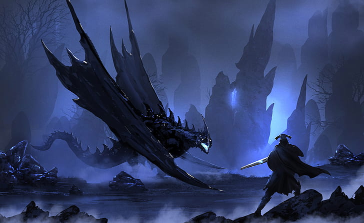 digital art, warrior, dragon, sword, fantasy art, blue, mountains, HD wallpaper