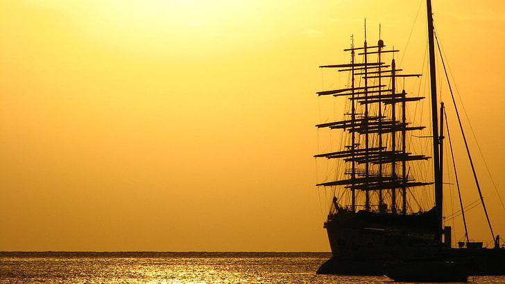 silhouette of ship, sailing ship, sky, sea, vehicle, sunset, water, HD wallpaper