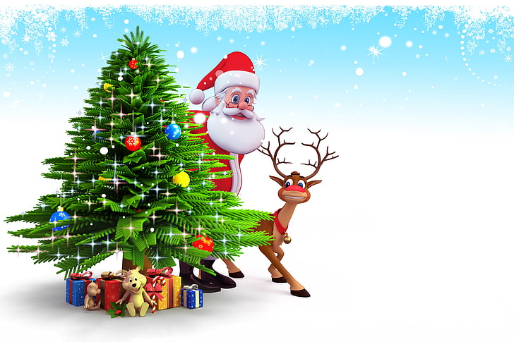 Santa Claus Rudolph the red nose reindeer illustration, snow, HD wallpaper
