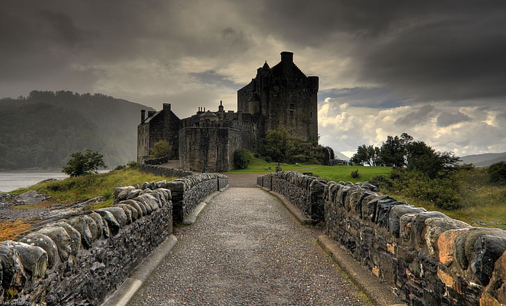 gray castle, architecture, medieval, Scotland, UK, overcast, stone