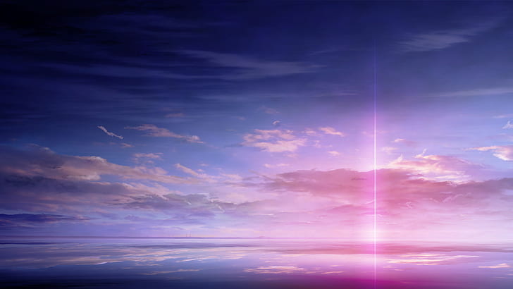 reflection, pink sky, anime art, laser, horizon