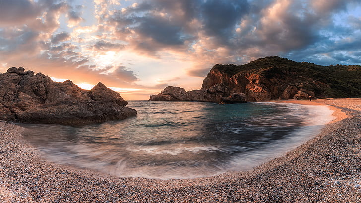 sea, rocks, beach, sky, sunset, clouds, nature, Pelion, Greece, HD wallpaper