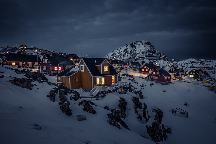 white and brown house, Greenland, night, landscape, lights, town