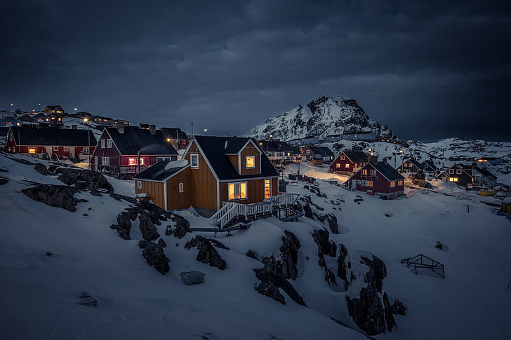 town, dark, mountains, Greenland, night, snow, house, landscape