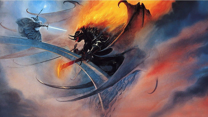 Gandalf vs Balrog, gray dragon poster, artistic, 1920x1080, the lord of rings, HD wallpaper