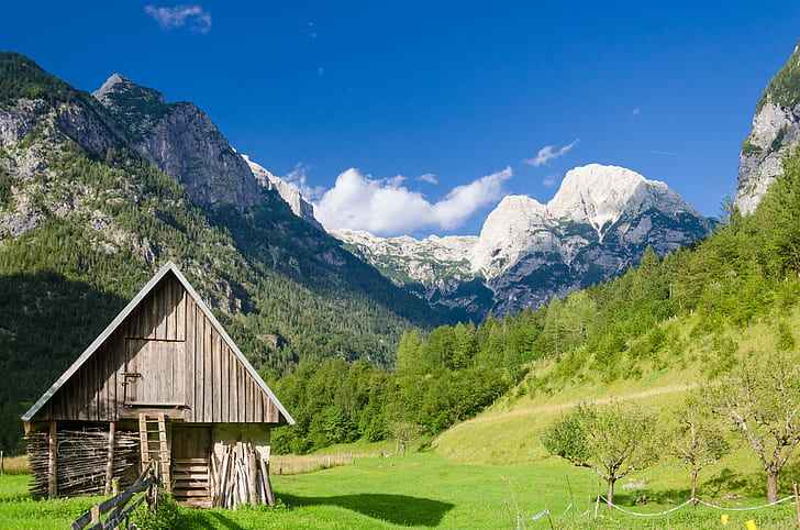 wooden house near mountain side at daytime, slovenia, slovenia, HD wallpaper