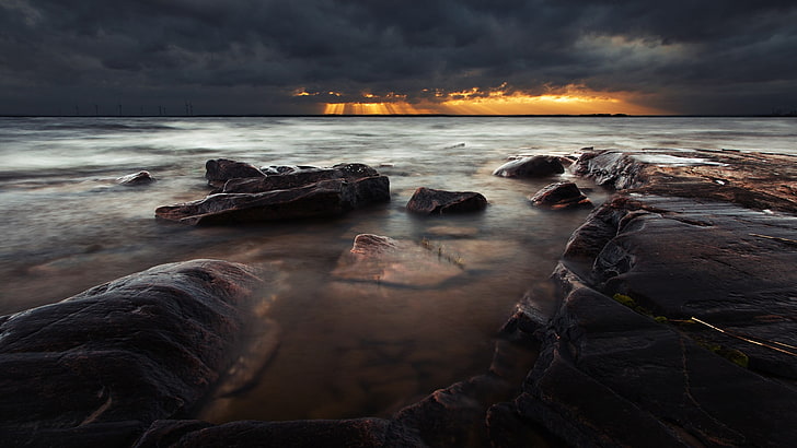 body of water, nature, landscape, rock, clouds, storm, sun rays, HD wallpaper