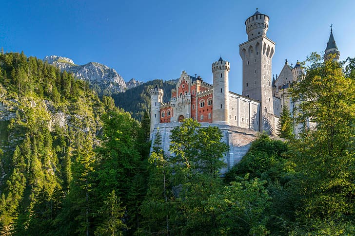 forest, mountains, castle, Germany, Bayern, Bavaria, Neuschwanstein Castle