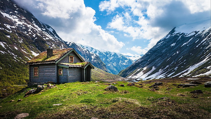 norway, europe, mountains, hut, wood, geiranger, stryn, geirangerfjord, HD wallpaper