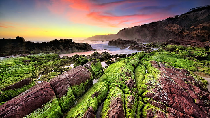 green moss, landscape, sunset, horizon, stones, nature, mountains
