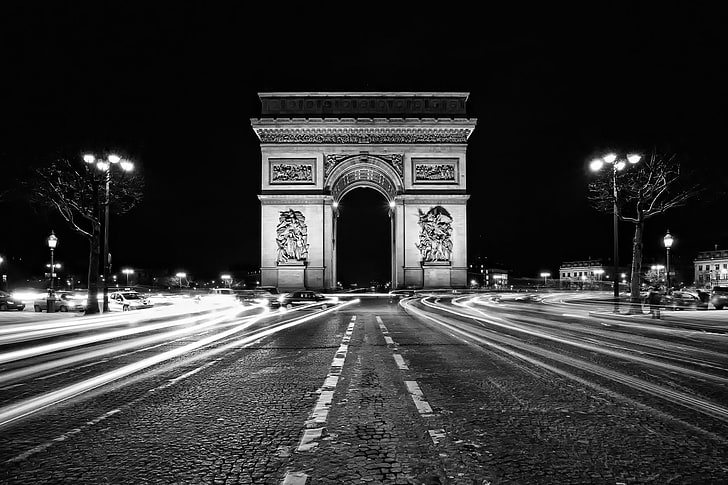 Monuments, Arc De Triomphe, Black & White, France, Night, HD wallpaper