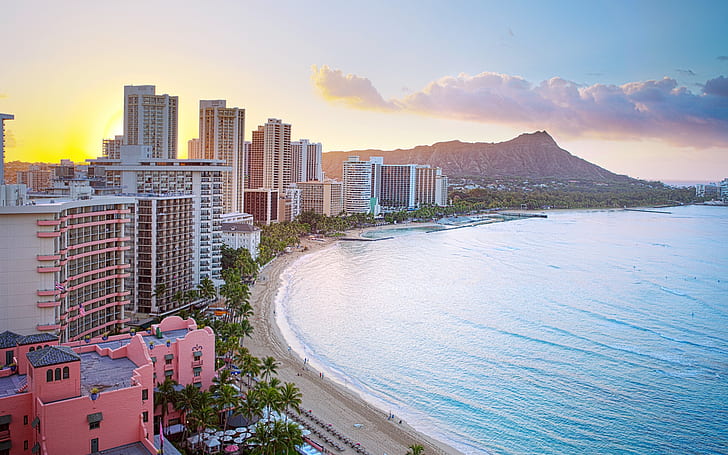 Honolulu, Waikiki Beach, Diamond Head Crater, sunrise, HD wallpaper