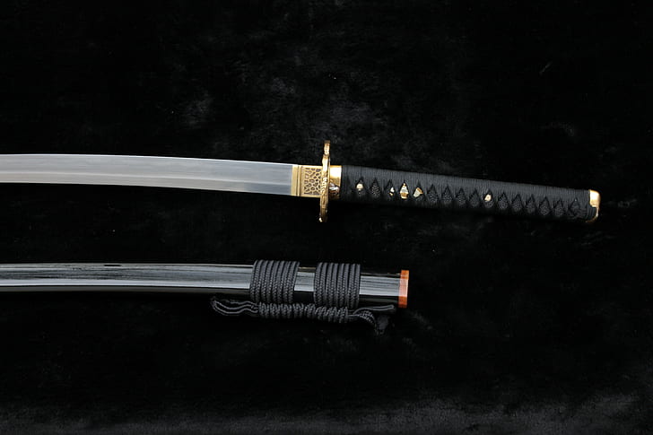 katana, sword, Japan, studio shot, black background, indoors, HD wallpaper
