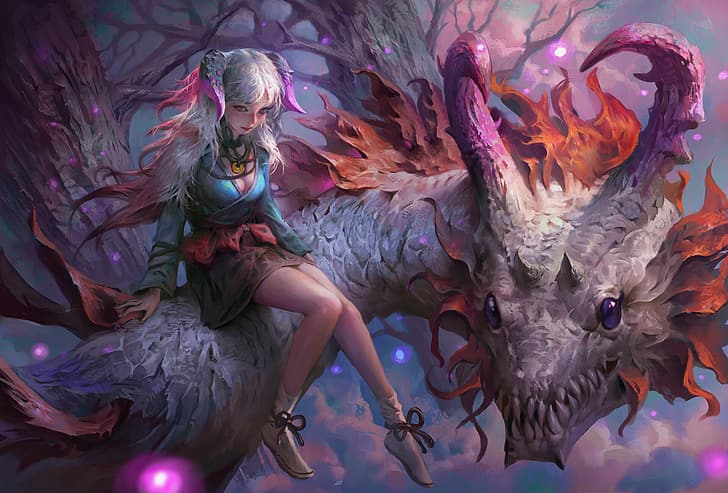 artwork, fantasy art, women, fantasy girl, legs, sitting, dragon