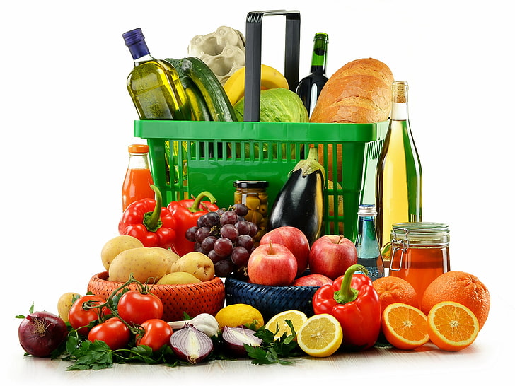 assorted fruit lot, fruits, vegetables, sauce, basket, food, grape