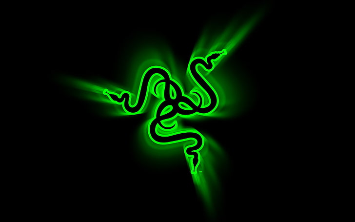 Razer, green color, black background, illuminated, glowing