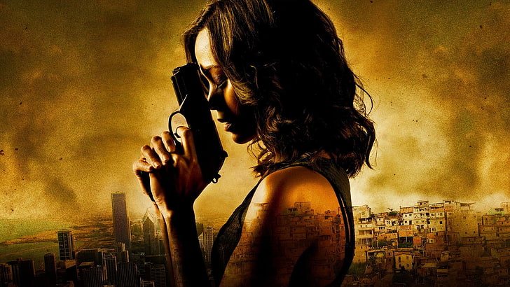 woman holding pistol wallpaper, Zoe Saldana, colombiana, movie poster
