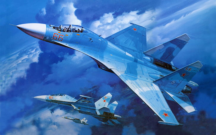 Su-27 military fighter in blue sky
