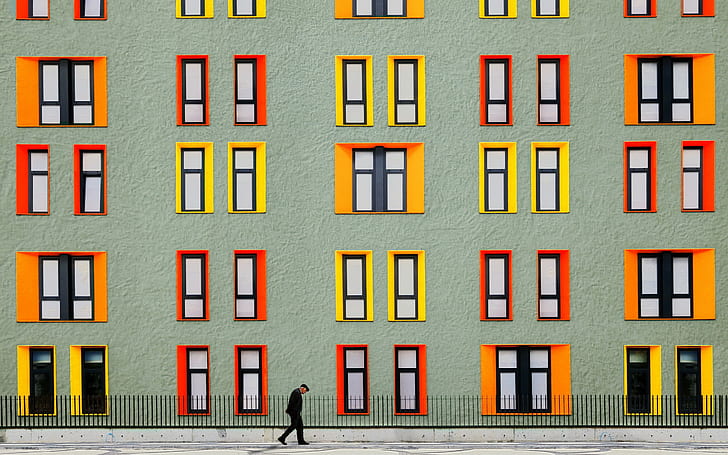 old people, city, town, building, street, window, walking