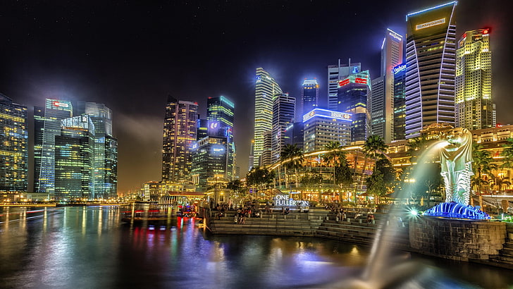 singapore, night, city lights, skyscrapers, asia, architecture, HD wallpaper
