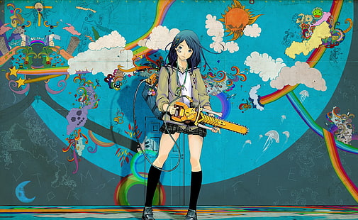 HD wallpaper: Psychedelic Girl, woman holding chainsaw near rainbow art  illustration | Wallpaper Flare