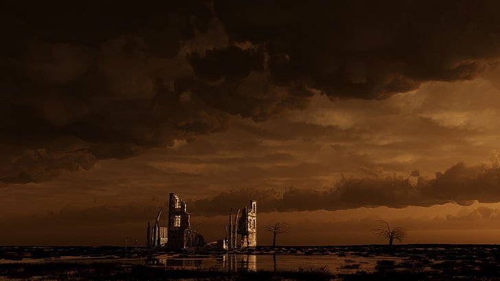 apocalyptic, futuristic, artwork, sky, clouds, ruin, cloud - sky, HD wallpaper