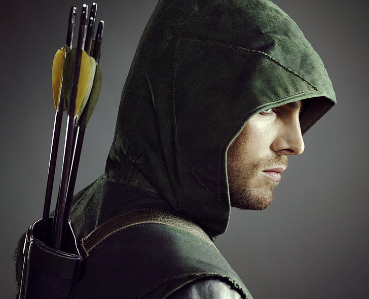 Green Arrow Stephen Amell, face, hood, actor, profile, male, the series, HD wallpaper