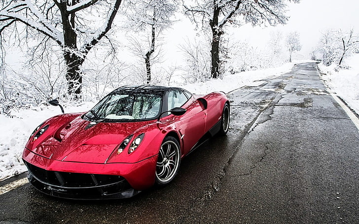 red super car, sports car, road, snow, Pagani Huayra, red cars