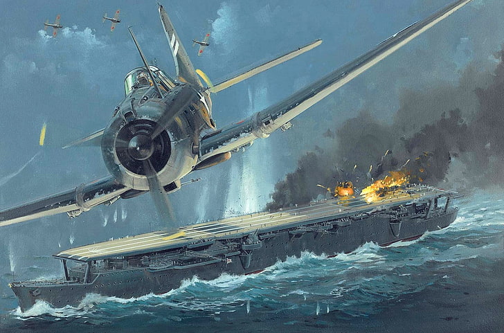 gray biplane and gray warship digital wallpaper, the sky, fire