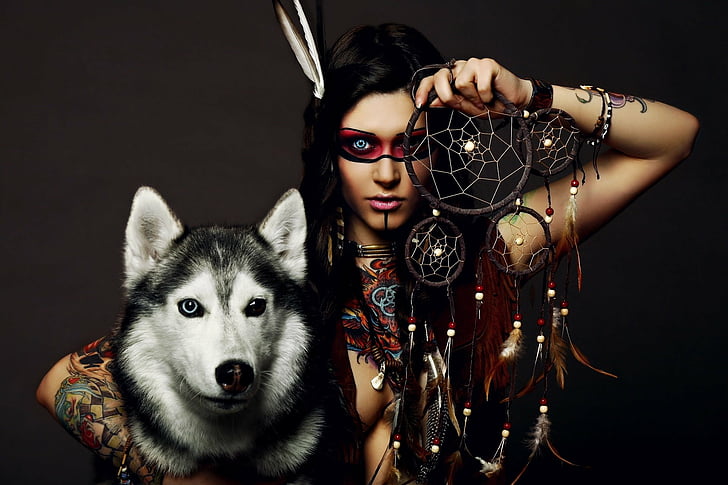 Women, Native American, Dog, Dreamcatcher, Husky, portrait, HD wallpaper