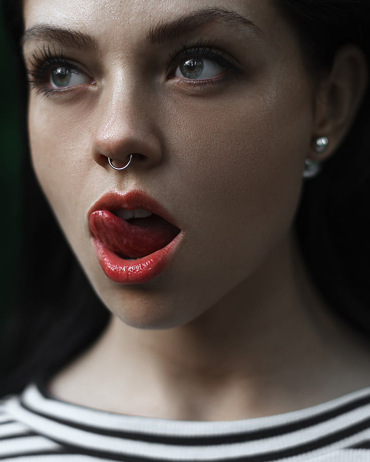 nose rings, licking lips, face, women, pierced septum, portrait