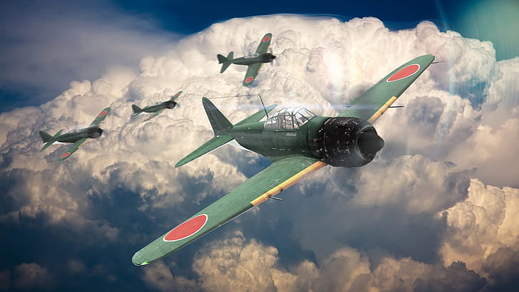 war thunder, aircrafts, sky, mitsubishi a6m zero, clouds, artwork