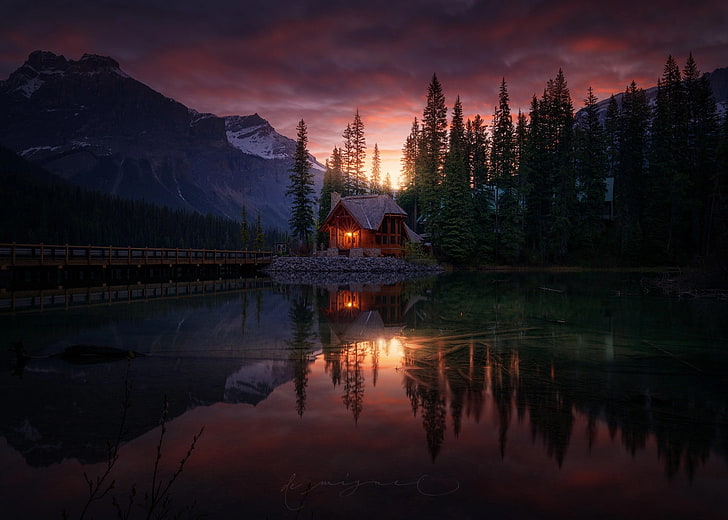 brown wooden house, nature, reflection, pine trees, sunset, mountains