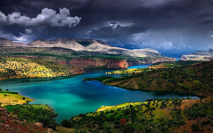 landscape, nature, river, Euphrates, Turkey, mountains, shrubs, HD wallpaper