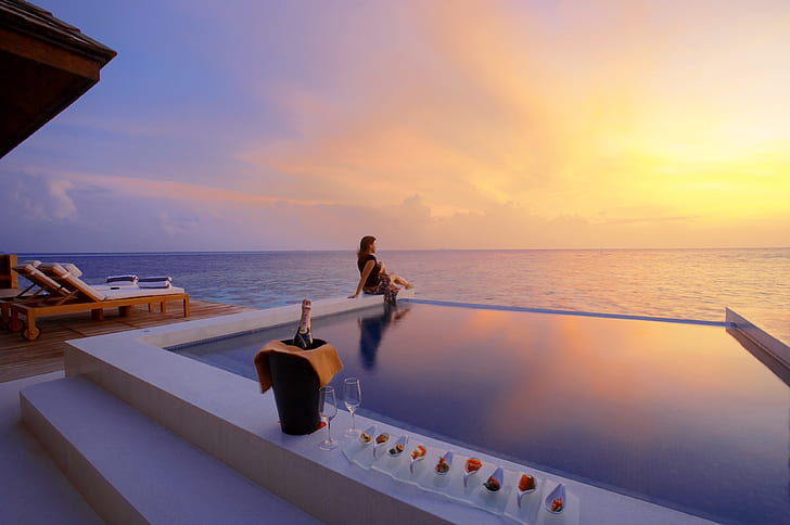 Luxury hotel, Swimming pool, Sunset, 4K, Water suite, HD wallpaper