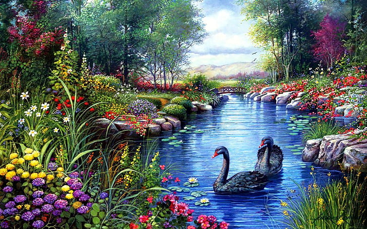 Artistic, Spring, Black Swan, Flower, Lake, Pond